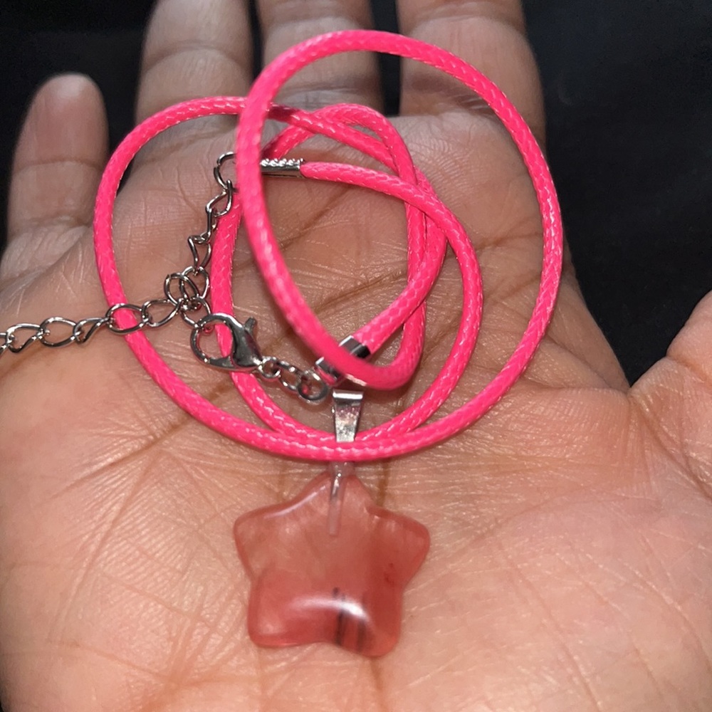 Hand Crafted Pink Star Cherry Quartz Corded Medallion Necklace Gemstone Handmade - Picture 3 of 3